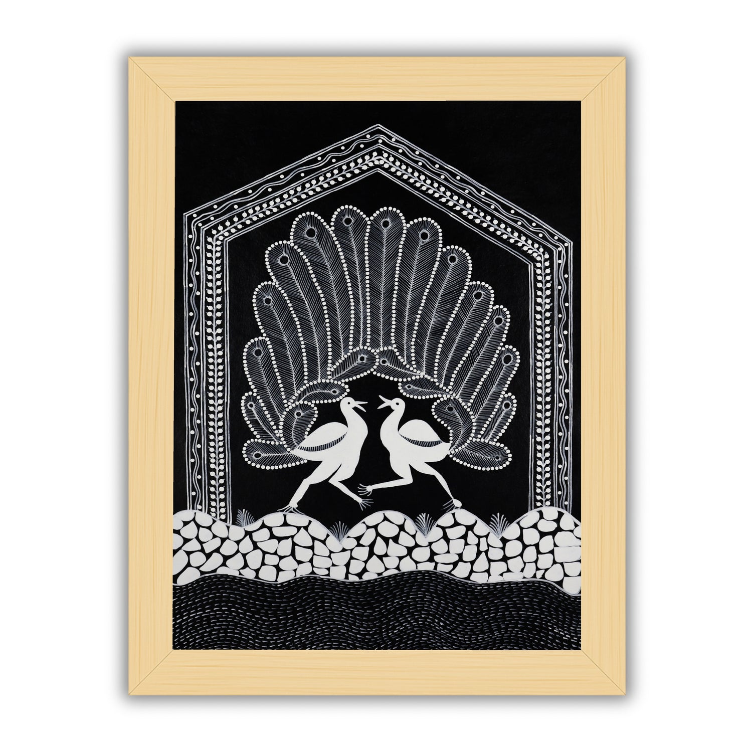 Framed artwork of a white peacock- handmade warli painting 