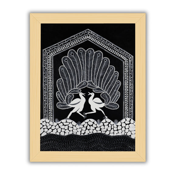 Framed artwork of a white peacock- handmade warli painting 