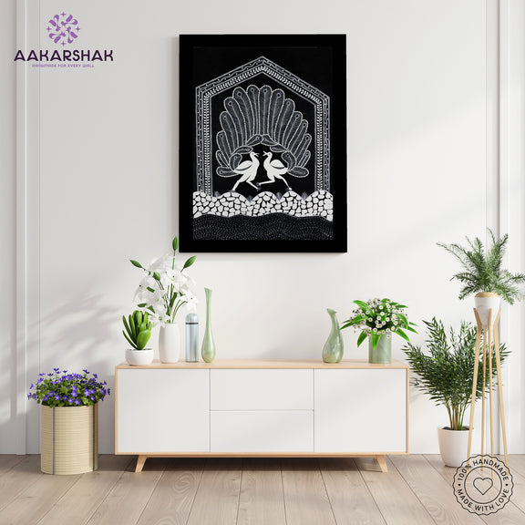 Framed artwork of a white peacock design-handmade warli painting 