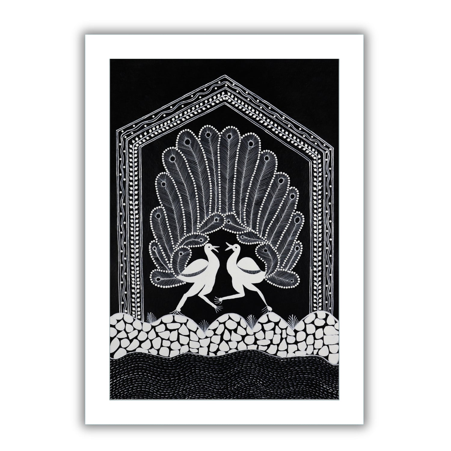 Framed artwork of a white peacock- handmade warli painting 