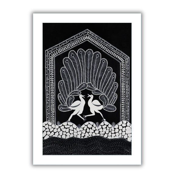 Framed artwork of a white peacock- handmade warli painting 