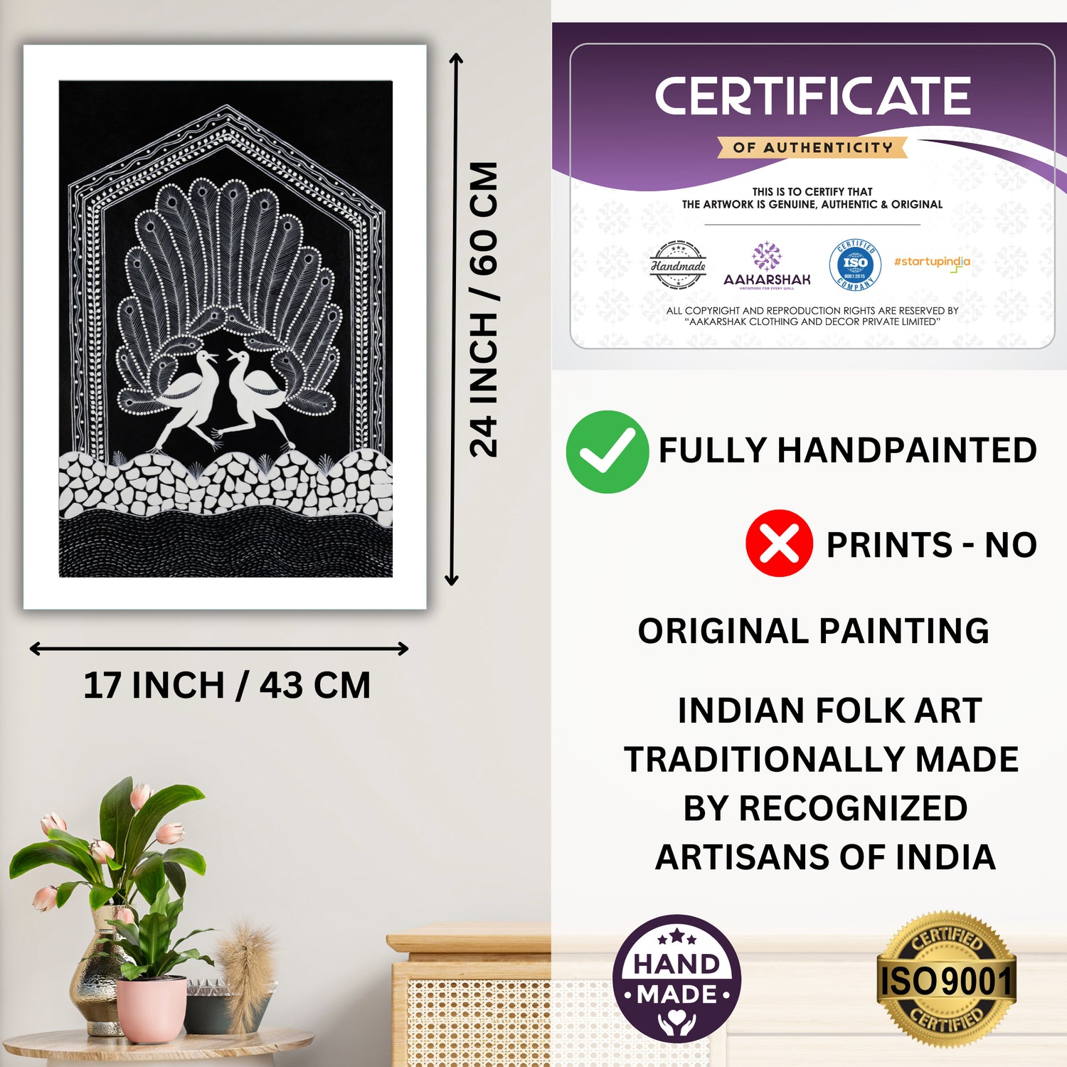 Framed artwork with dimensions, authenticity certificate and handmade iso certified-peacock warli painting