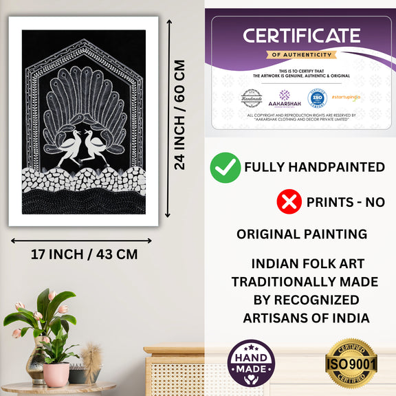 Framed artwork with dimensions, authenticity certificate and handmade iso certified-peacock warli painting