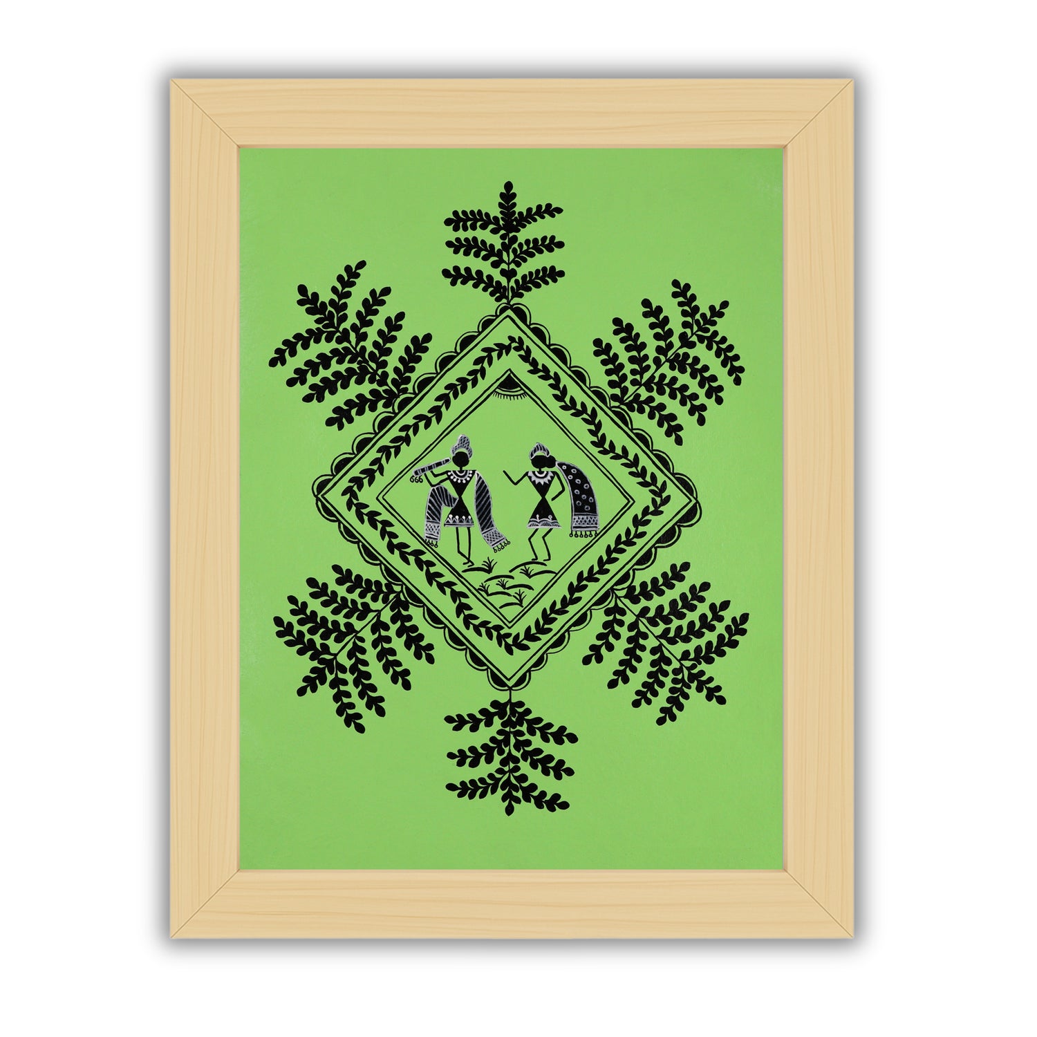 black radha krishna design on a light green background with handmade warli painting