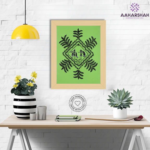 Framed artwork with white radha krishna design on a blue background-handmade warli painting for home 