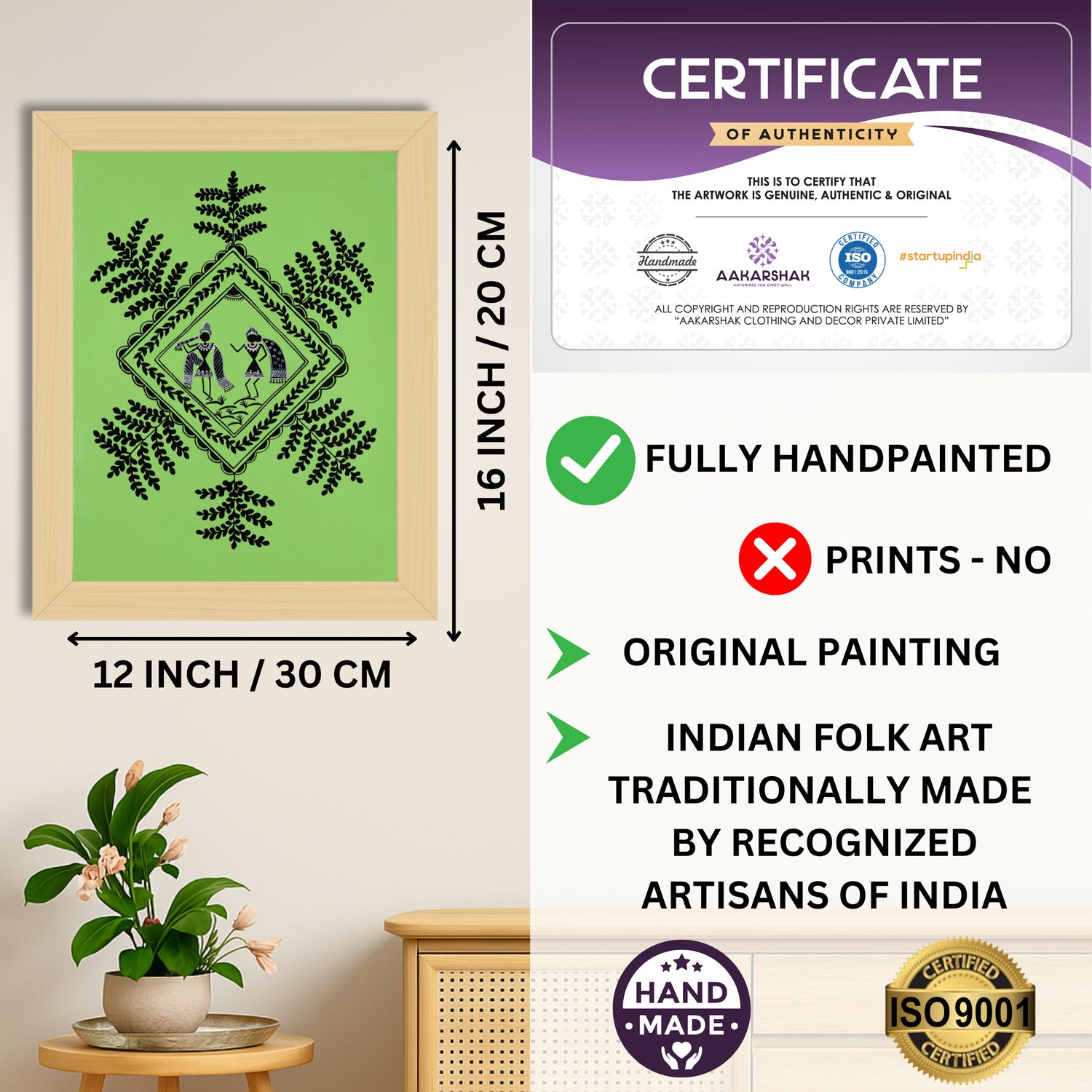 Framed artwork with dimensions, authenticity certificate and handmade iso certified-radha krishna warli painting
