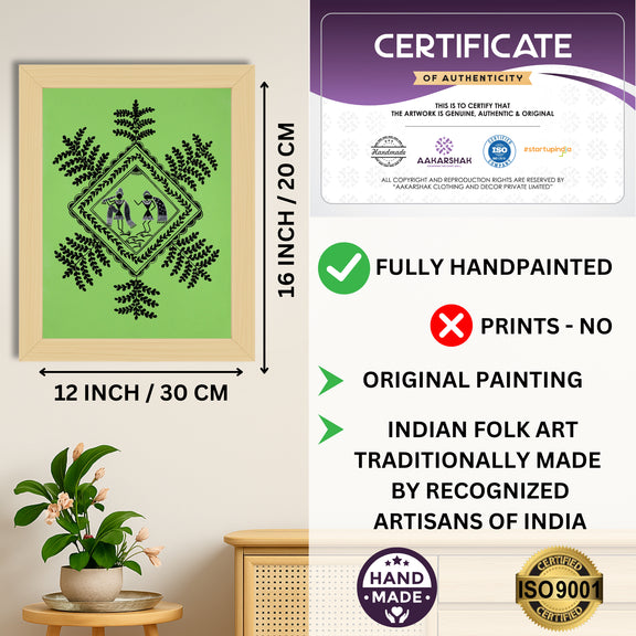 Framed artwork with dimensions, authenticity certificate and handmade iso certified-radha krishna warli painting