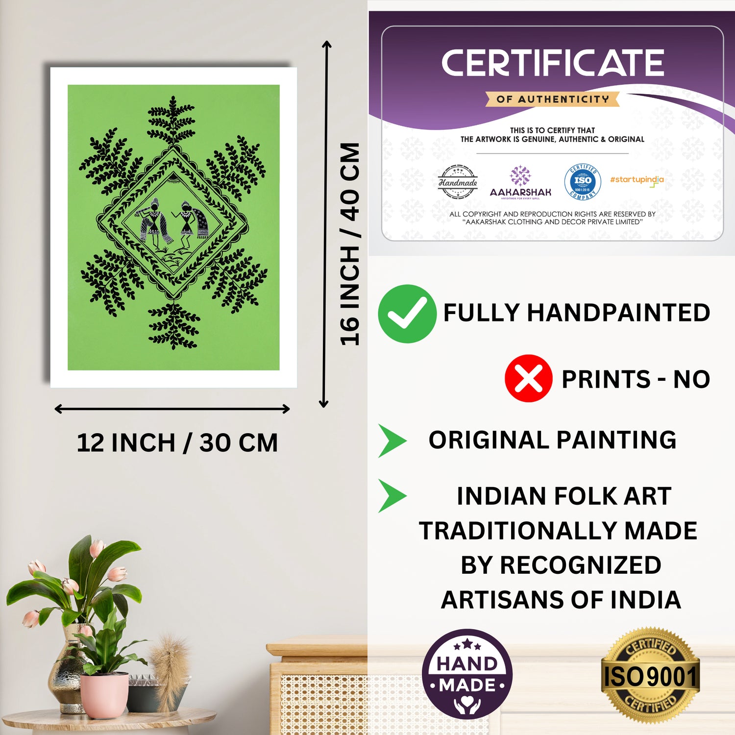Framed artwork with dimensions, authenticity certificate and handmade iso certified-radha krishna warli painting