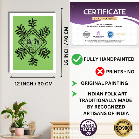 Framed artwork with dimensions, authenticity certificate and handmade iso certified-radha krishna warli painting