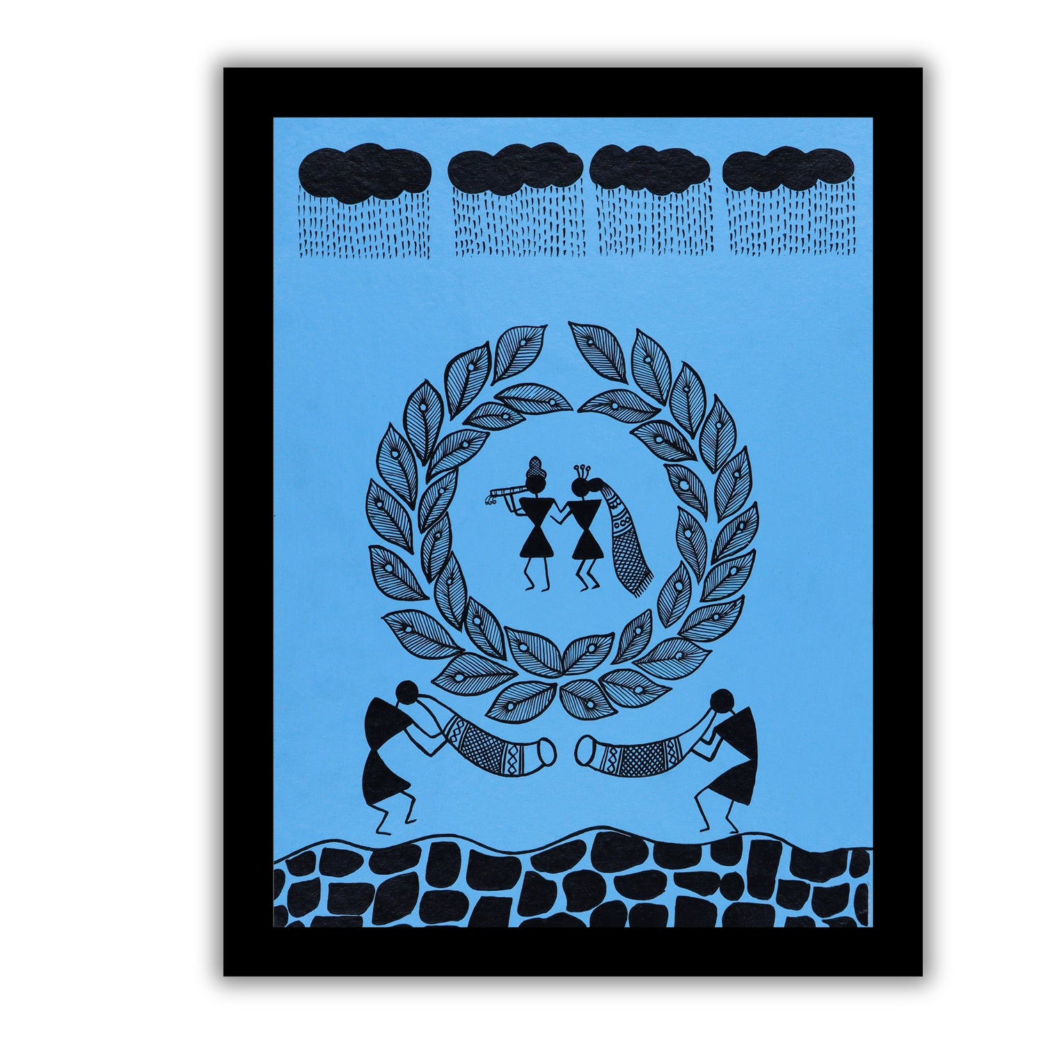 black radha krishna  design on a blue background with handmade warli painting 