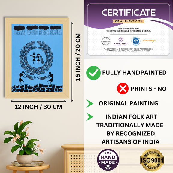 Framed artwork with dimensions, authenticity certificate and handmade iso certified-radha krishna warli painting