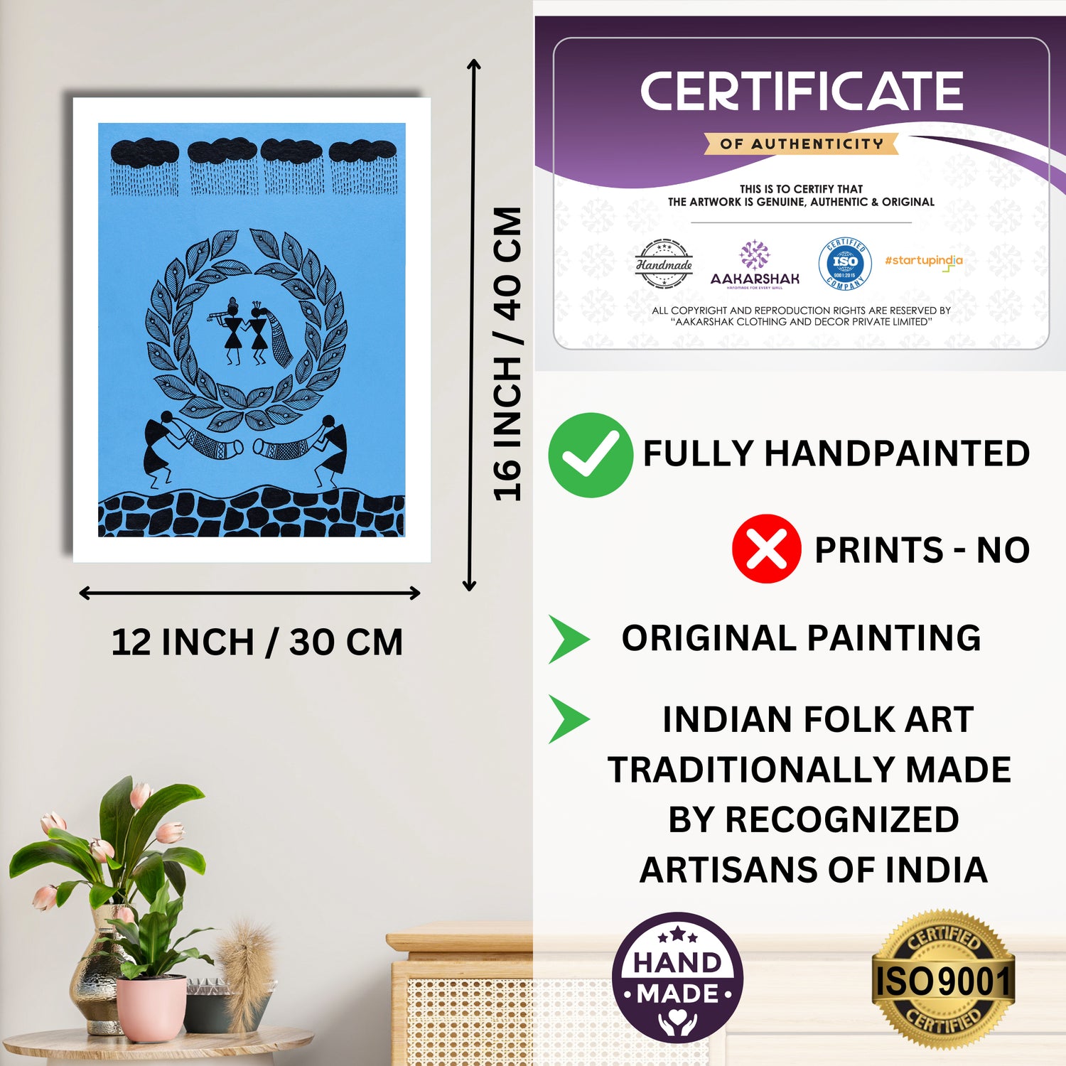 Framed artwork with dimensions, authenticity certificate and handmade iso certified-radha krishna warli painting
