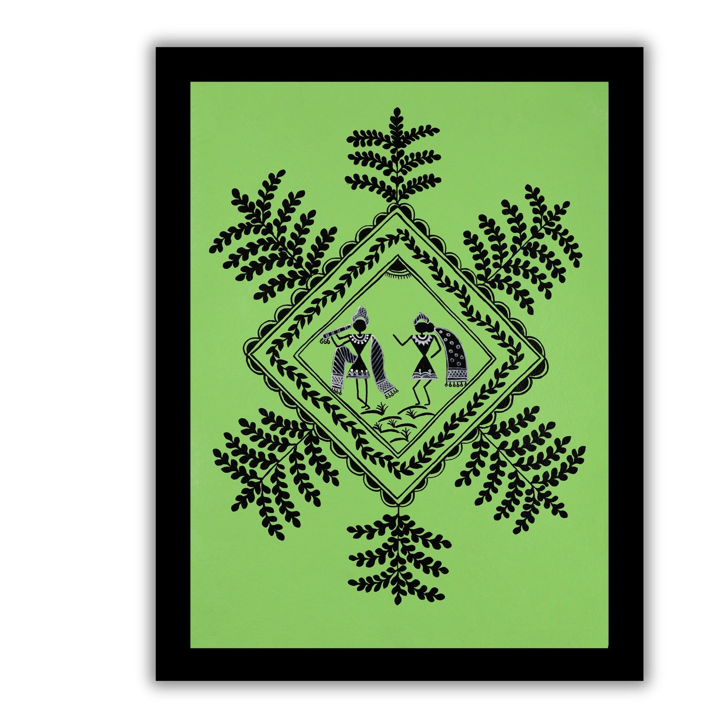black radha krishna design on a light green background with handmade warli painting