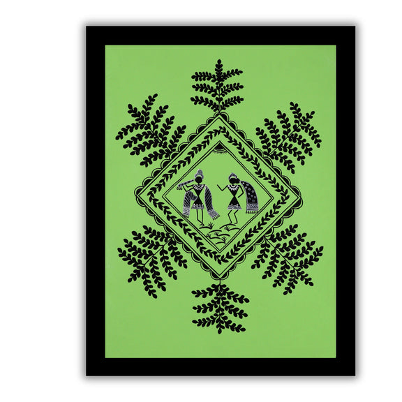 black radha krishna design on a light green background with handmade warli painting
