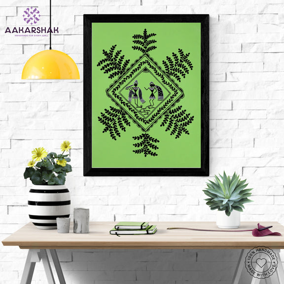 Framed artwork with white radha krishna design on a blue background-handmade warli painting for home 