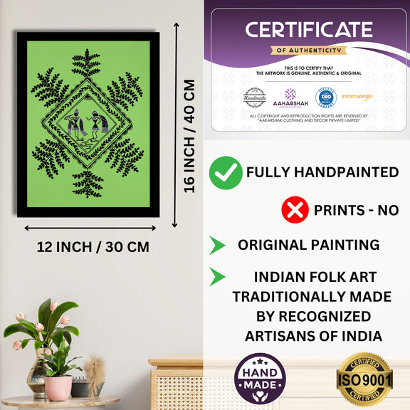 Framed artwork with dimensions, authenticity certificate and handmade iso certified-radha krishna warli painting