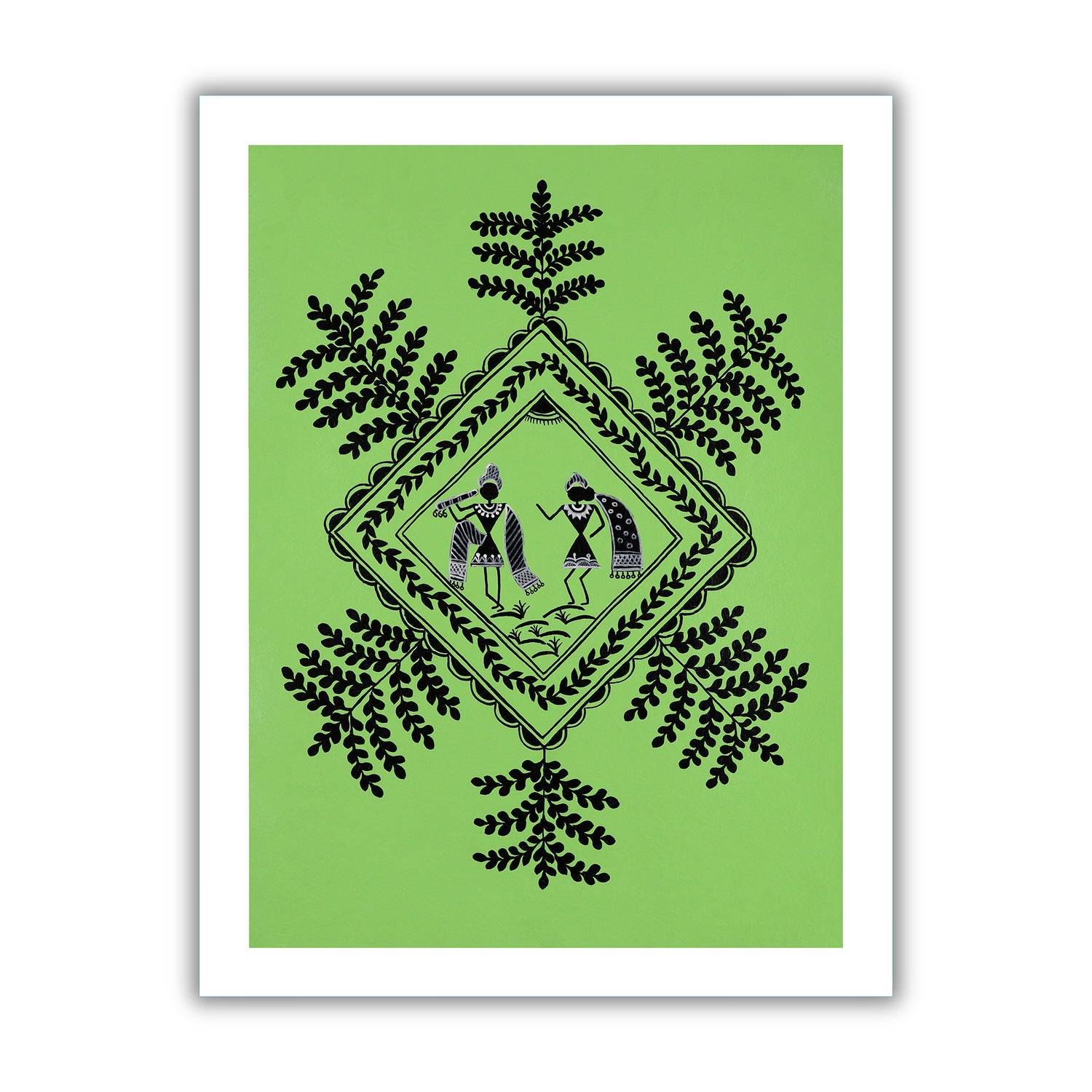black radha krishna design on a light green background with handmade warli painting