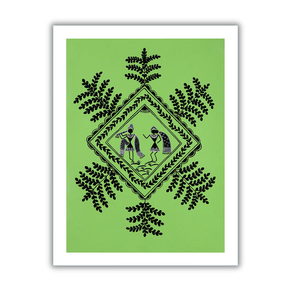 black radha krishna design on a light green background with handmade warli painting