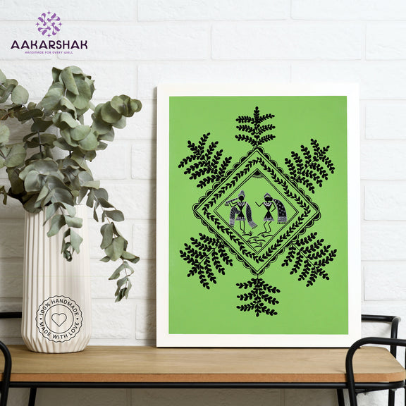 Framed artwork with white radha krishna design on a blue background-handmade warli painting for home 