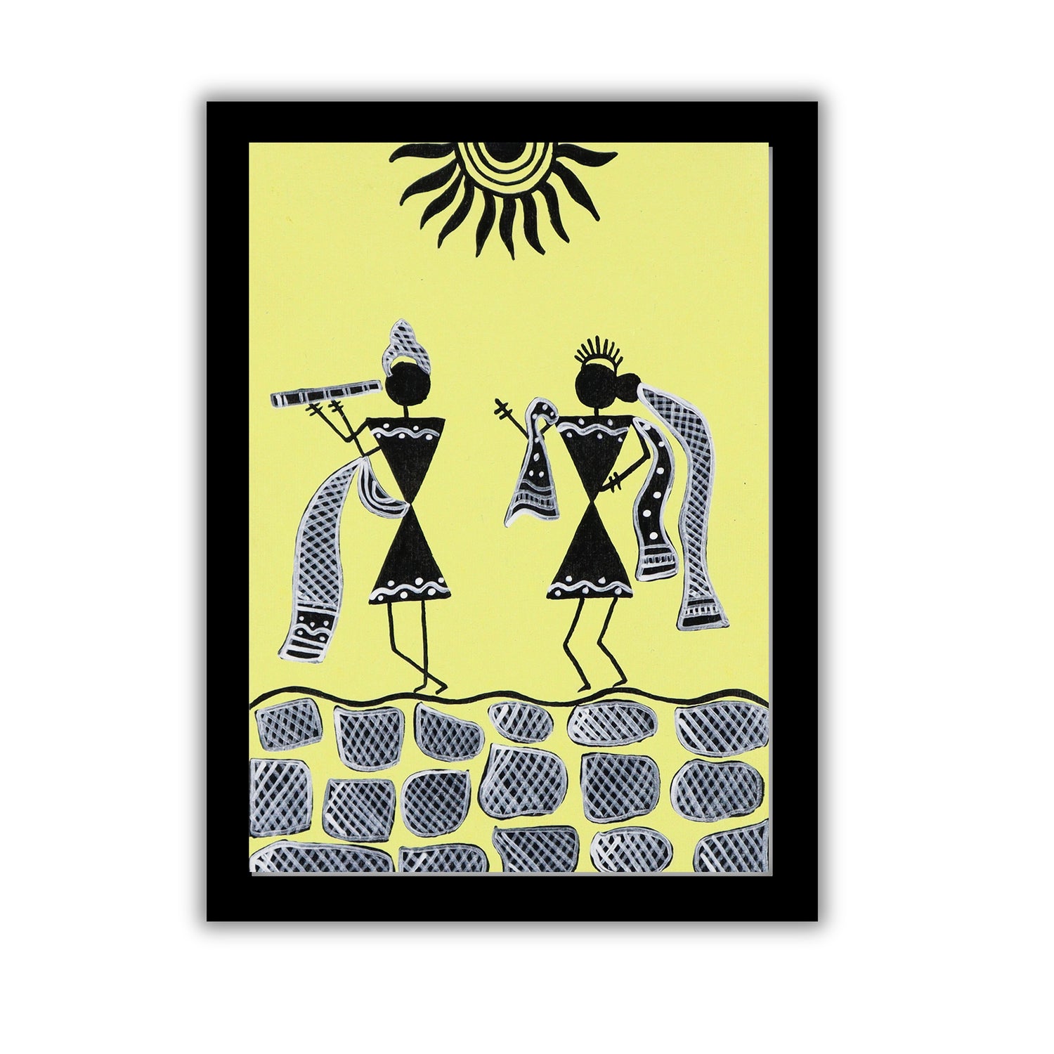 handmade warli painting radha-krishna -in vibrant traditional folk art style