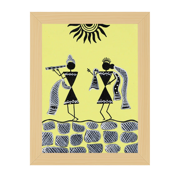 handmade warli painting radha-krishna -in vibrant traditional folk art style