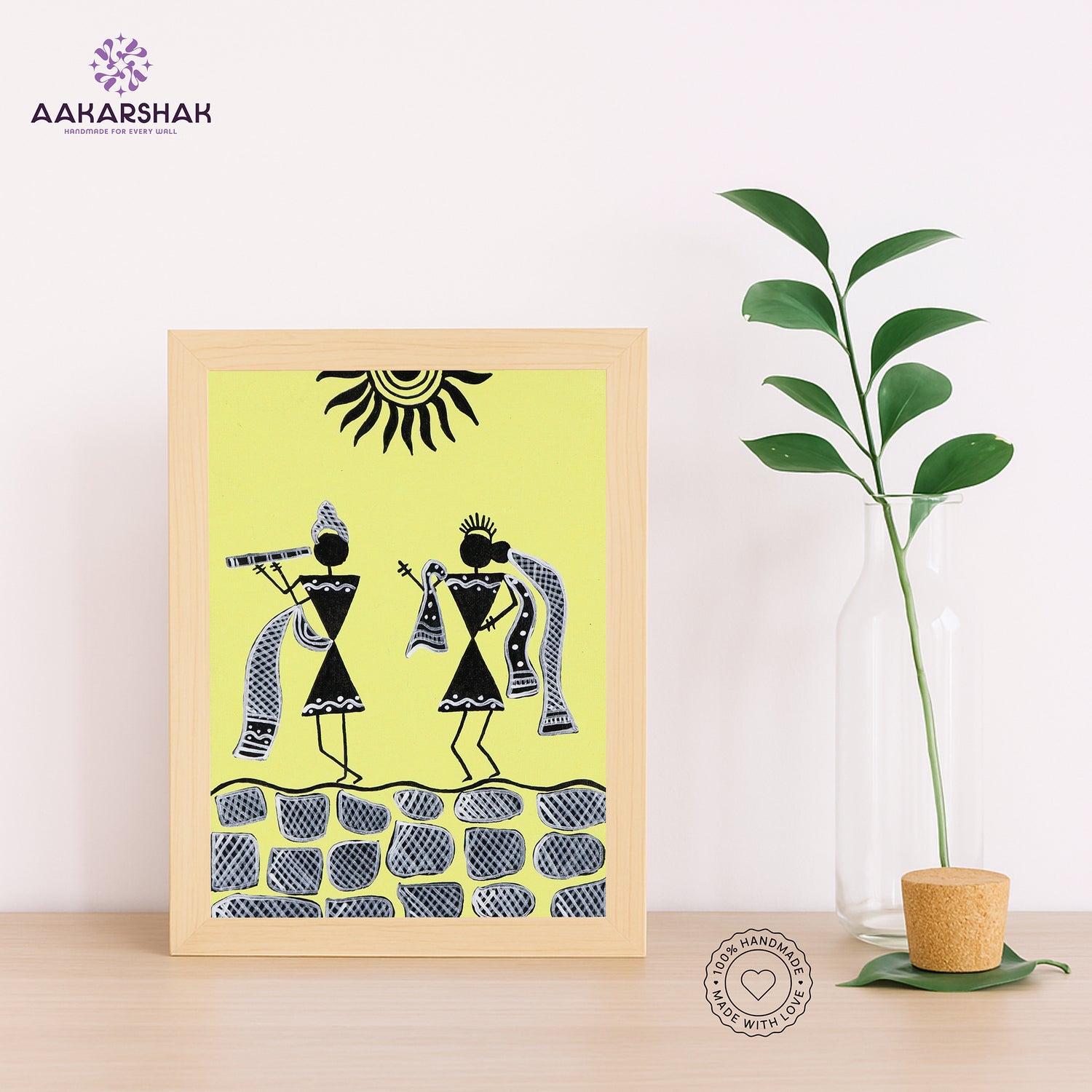 Handmade warli radha-krishna painting-with tabletop stand for home 