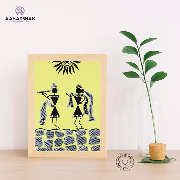 Handmade warli radha-krishna painting-with tabletop stand for home 