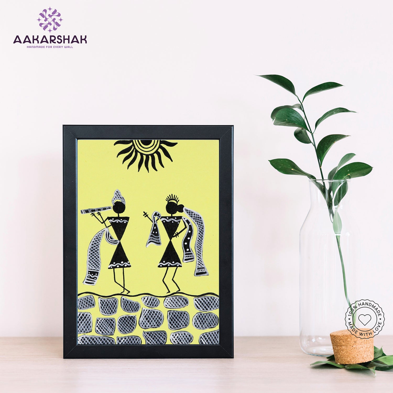 Handmade warli radha-krishna painting-with tabletop stand for home decor