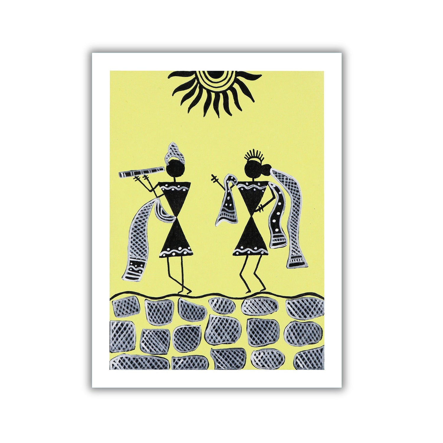 handmade warli painting radha-krishna -in vibrant traditional folk art style