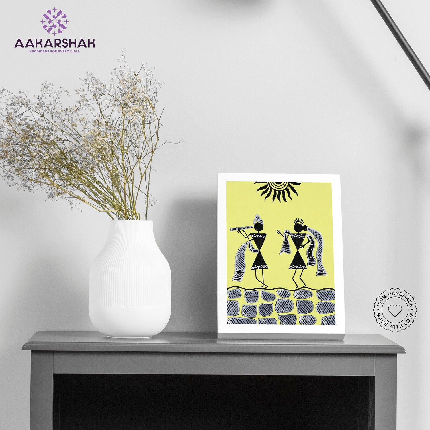 Handmade warli radha-krishna painting-with tabletop stand for home 