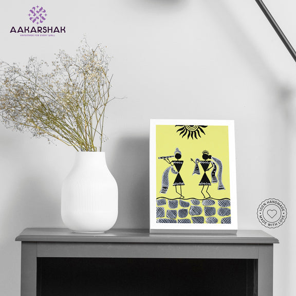 Handmade warli radha-krishna painting-with tabletop stand for home 