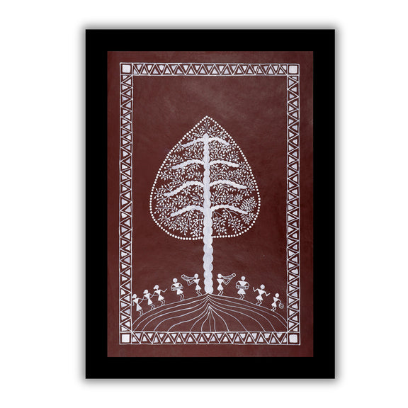 Framed artwork of a white tree design-with handmade warli painting 