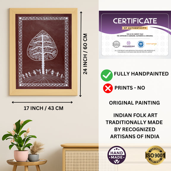 Framed artwork with dimensions, authenticity certificate and handmade iso certified-tree of life warli painting
