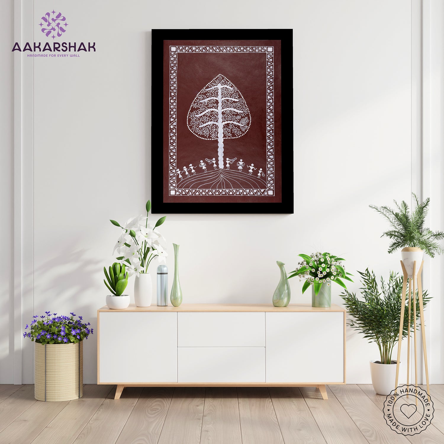 Framed artwork with tree of life  design -handmade warl painting for home decor