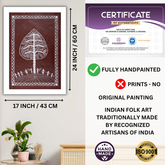 Framed artwork with dimensions, authenticity certificate and handmade iso certified-tree of life warli painting