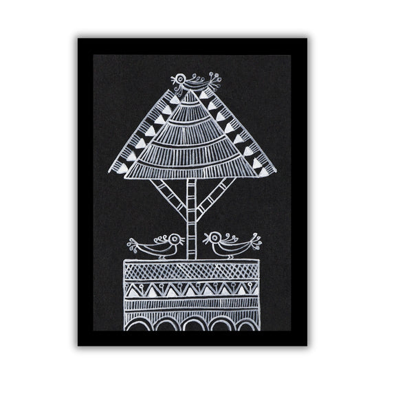 Framed tree artwork with a white geometric design on a black background