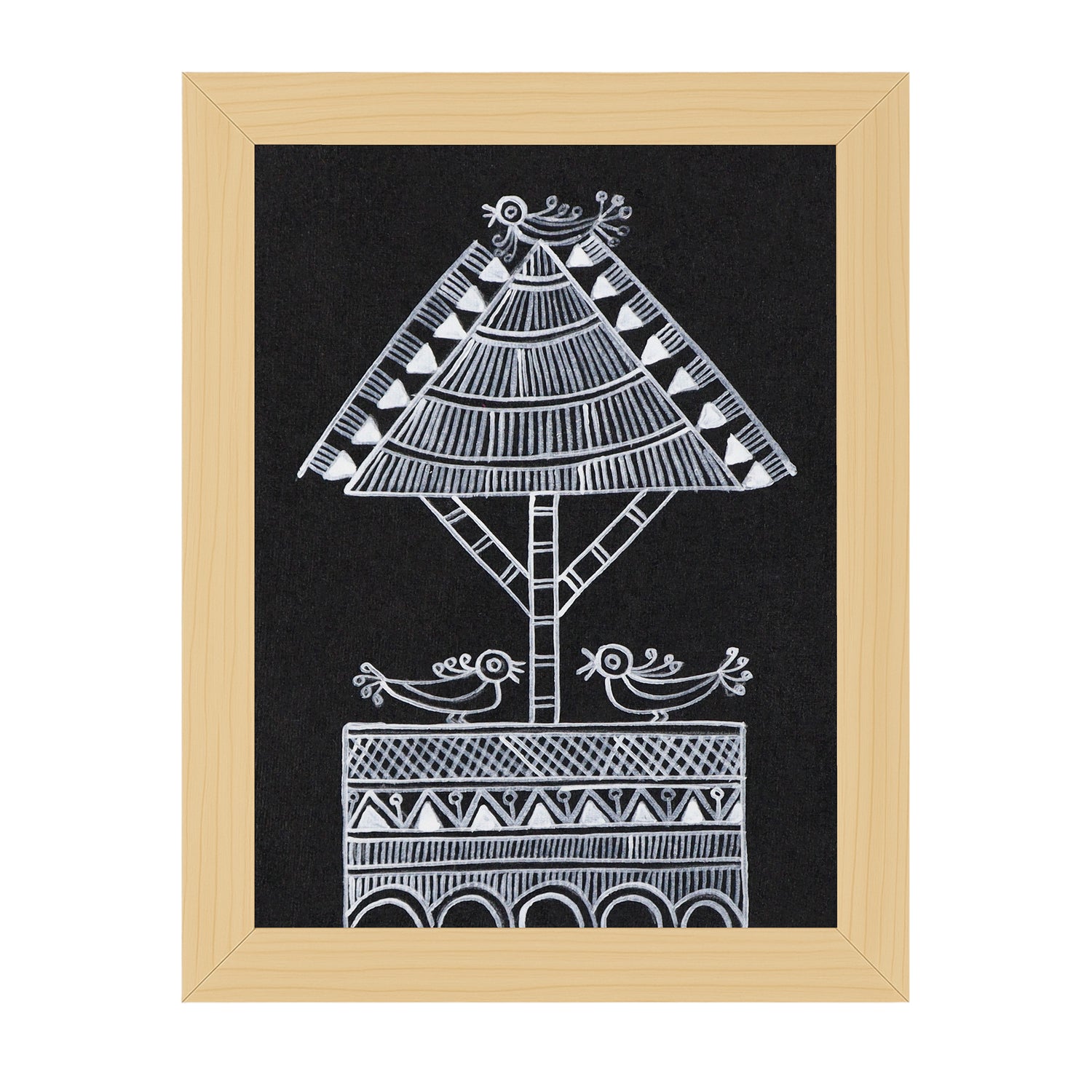Framed artwork with a black background and white geometric design of a tree and birds.