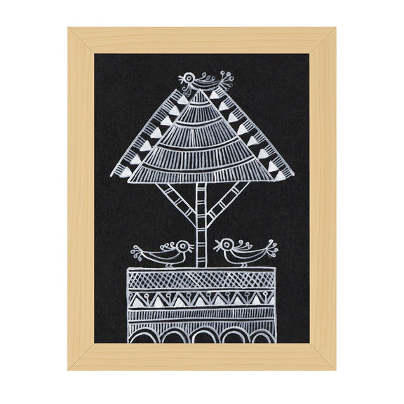 Framed artwork with a black background and white geometric design of a tree and birds.