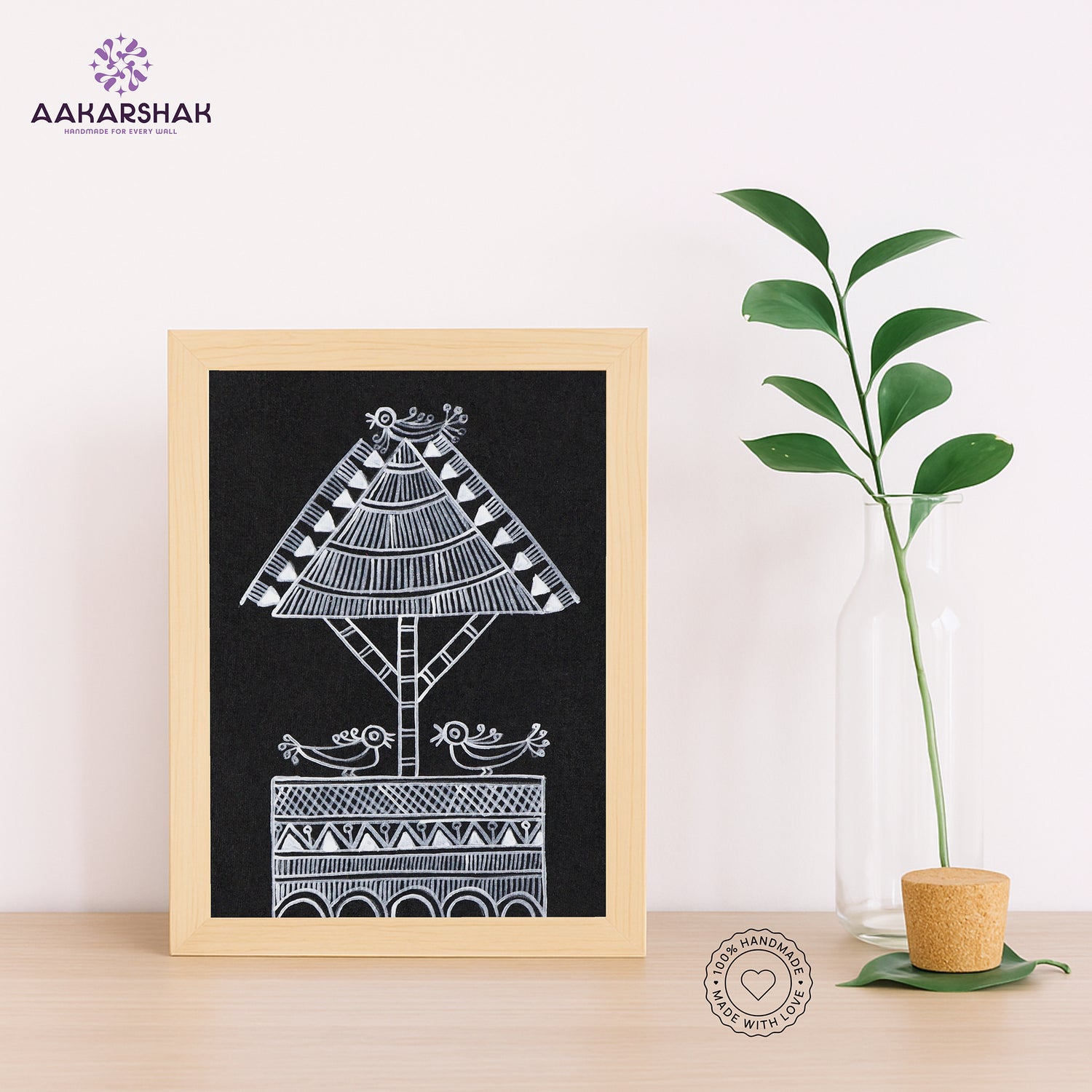 Handmade warli peacock painting-with tabletop stand for home decor
