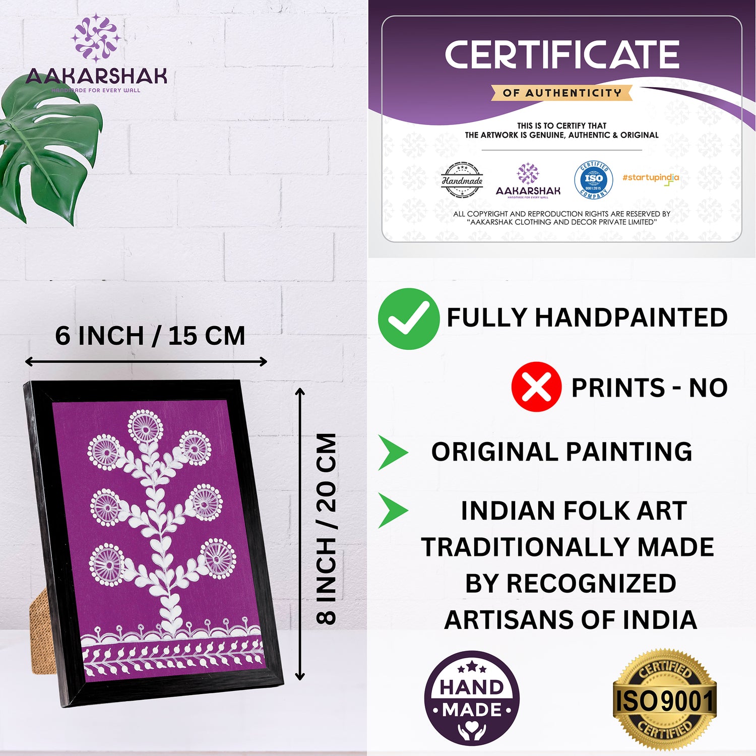 Aakarshak art piece with dimensions, authenticity certificate and handmade iso certified-tree warli painting
