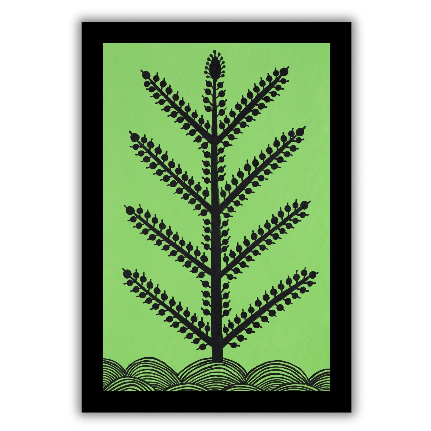 Black tree design on a green background with handmade warli painting tree
