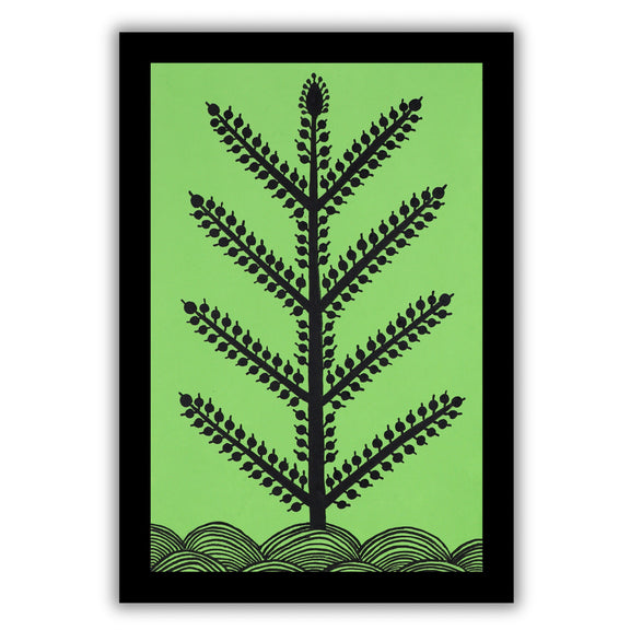 Black tree design on a green background with handmade warli painting tree

