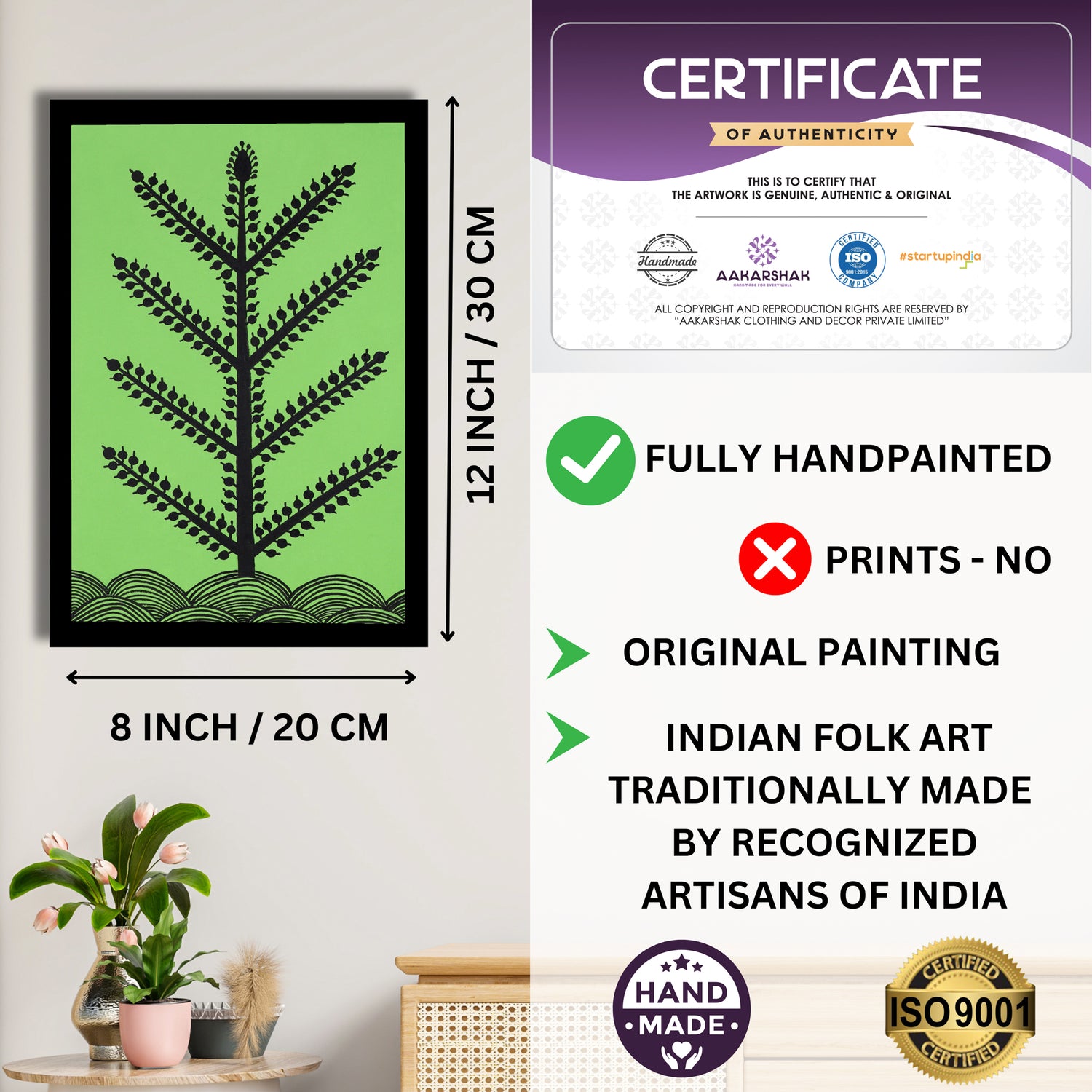 Framed artwork with dimensions, authenticity certificate and handmade iso certified-tree warli painting
