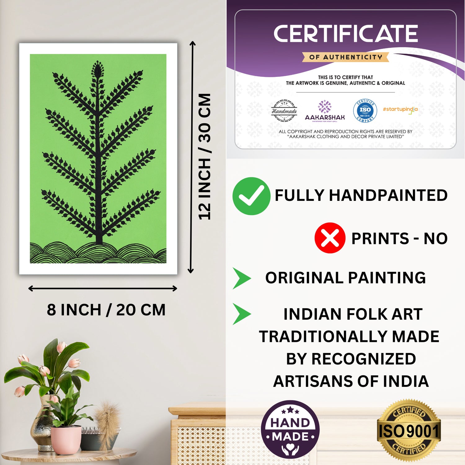 Framed artwork with dimensions, authenticity certificate and handmade iso certified-tree warli painting