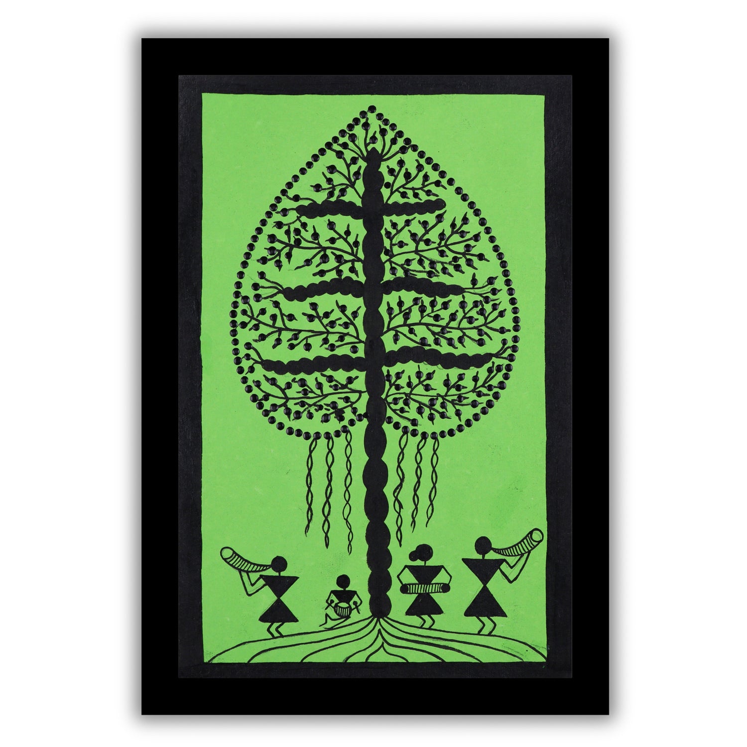 Black tree design on a green background with handmade warli painting tree