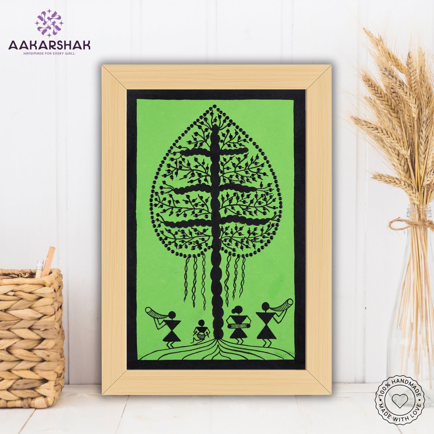 Framed artwork with black tree design on a green background-Handmade warli tree painting-with tabletop stand for home decor