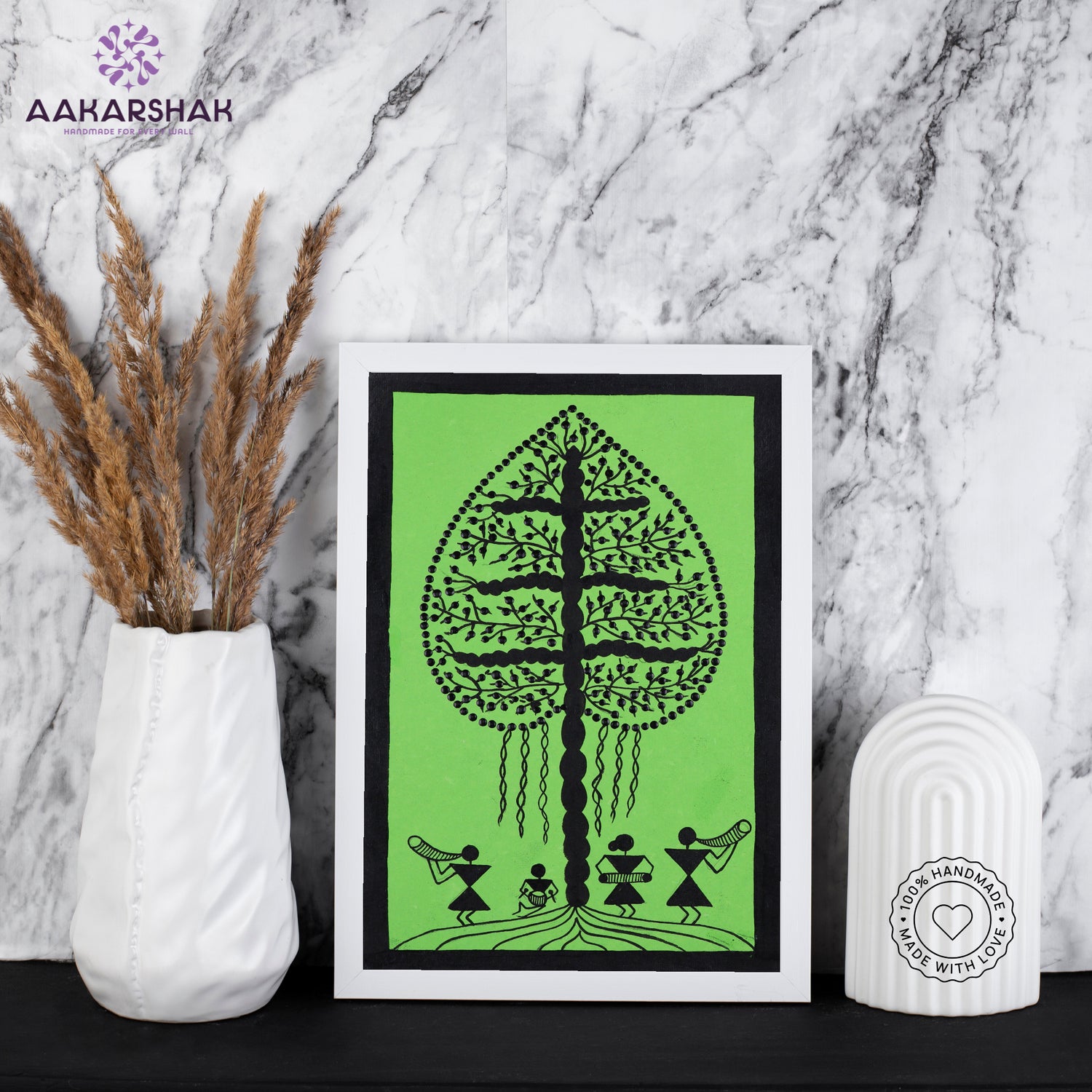 Framed artwork with black tree design on a green background-Handmade warli tree painting-with tabletop stand for home decor