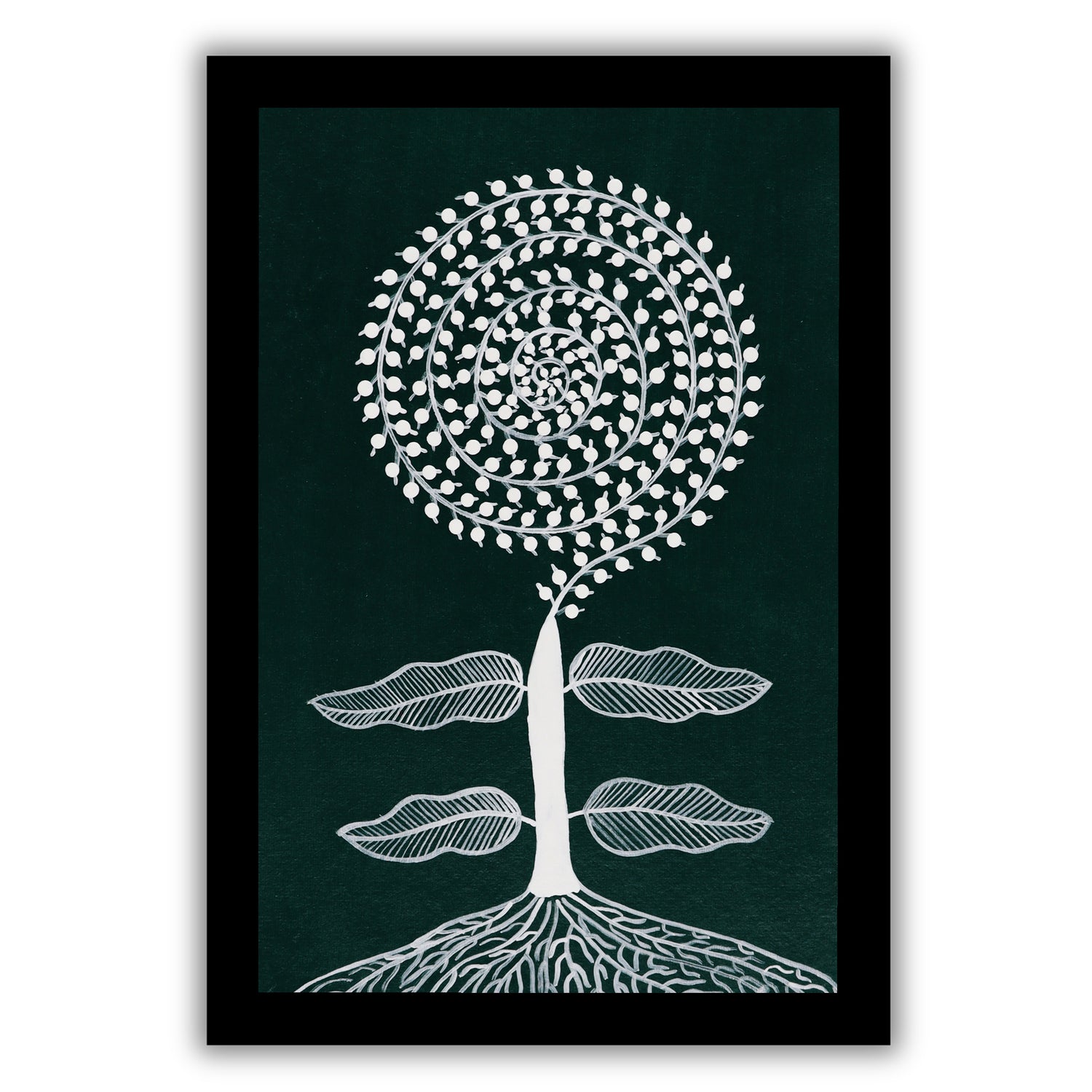 white tree design on a dark green background with handmade warli painting tree