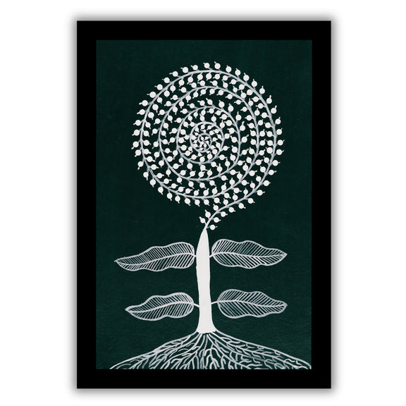 white tree design on a dark green background with handmade warli painting tree