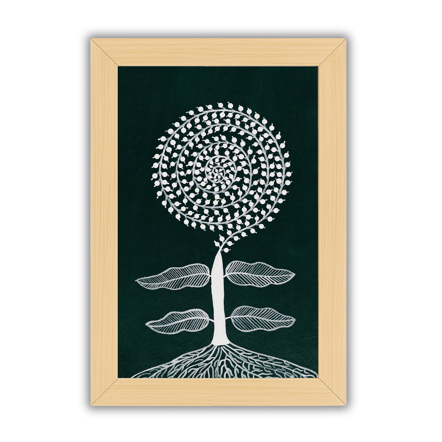 white tree design on a dark green background with handmade warli painting tree